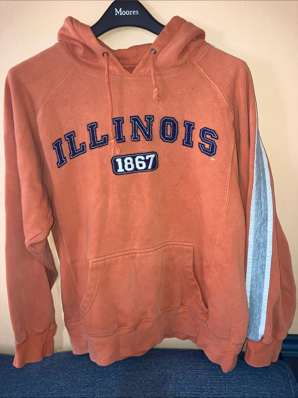 Vintage J. America Orange Crewneck Hoodie with White and Gray Sleeve Stripe